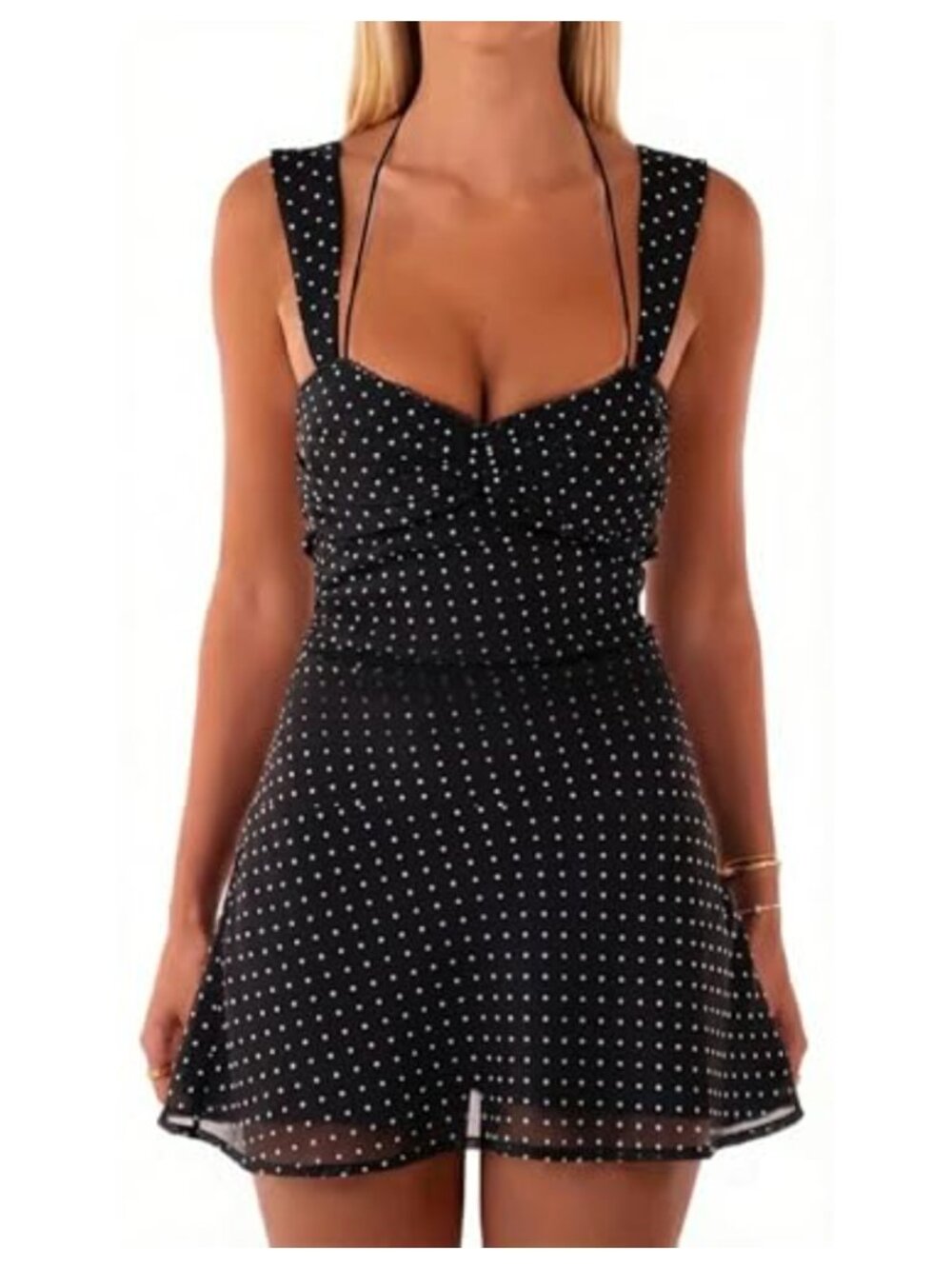 Women's Polka Dot Mesh Halter A-Line Mini Dress Sleeveless Strapless Tie Back